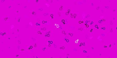 Üzerinde iş kadını işaretleri olan açık mor bir vektör şablonu. Modern stilde eğilim gösteren renkli feminizm sembolleri. Web siteniz için basit tasarım.