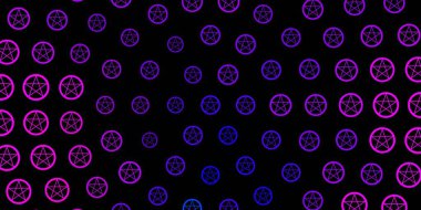 Koyu Mor, gizemli sembollü pembe vektör arkaplan. Renkli mistik semboller. Antik tarzda bir eğilim var. Sihir için dizayn, ruhsal olaylar.