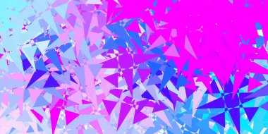 Açık pembe, üçgenli mavi vektör arkaplan. Üçgen şekilleri soyut bir şekilde renk değişimine sahiptir. İniş sayfaları.