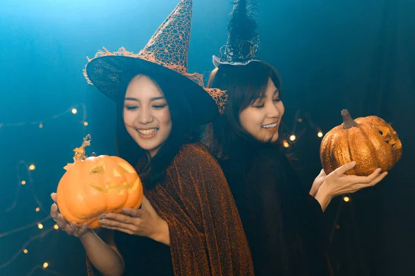Portrait Two Beautiful Young Woman Witch Halloween Costumes Holding Halloween — Stock Photo, Image