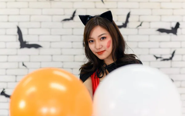 Portrait Young Beautiful Asian Woman Wearing Witch Costume Posing Balloons — Stock Photo, Image