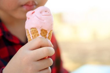 Asyalı çocuğun elinde tatlı çilekli dondurma, mutlu çocukluk konsepti, 6 yaşındaki çocuk dondurmasının tadını çıkarsın.