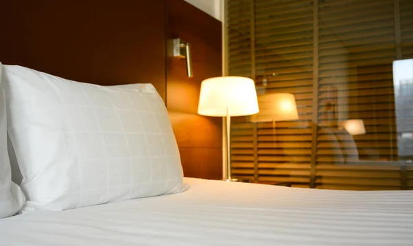 Double Bed Hotel Lamp Lantern Glowing Nightstand Modern Bedroom Style — Stock Photo, Image