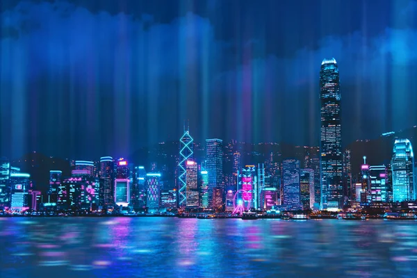 Paisaje Urbano Del Horizonte Ciudad Hong Kong Por Noche Sobre —  Fotos de Stock