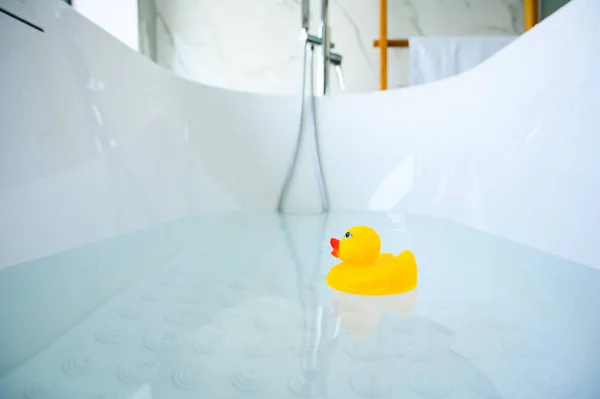 Yellow Playful Rubber Duck Float Bathtub Kids Bath Time Concept — стоковое фото