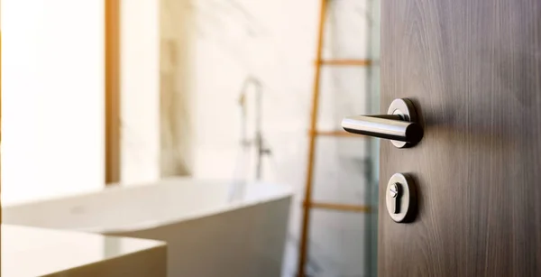 Wooden Door Open Nice Modern Bathroom Marble Walls Selective Focus — Stock Photo, Image