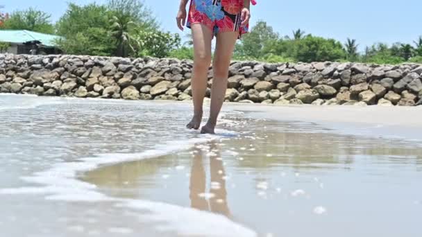Traveler Woman Barefoot Walking Seaside Surf Closeup Female Legs Feet — Vídeo de Stock