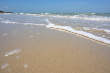 Kumlu sahil kıyısında yumuşak bir dalga. yaz tatili etkinliği arka plan kavramı