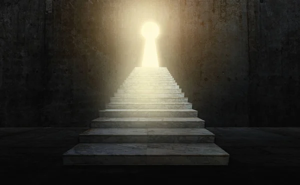 Escalera Que Conduce Éxito Detrás Puerta Cerradura Cuarto Oscuro Luz — Foto de Stock