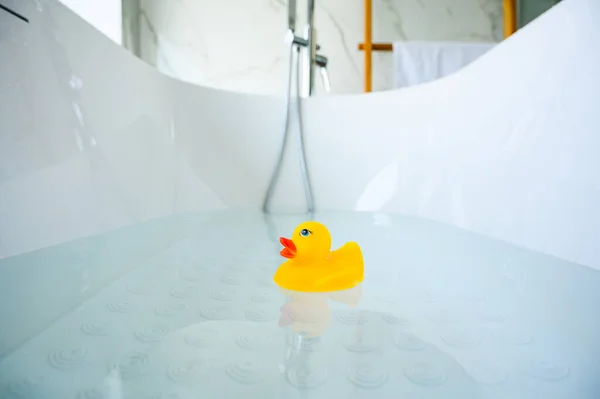 Yellow Playful Rubber Duck Float Bathtub Kids Bath Time Concept — стоковое фото