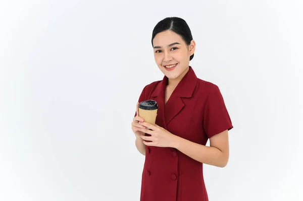 Look Camera Portrait Young Businesswoman Posing Paper Cup Coffee Tea — Stok fotoğraf