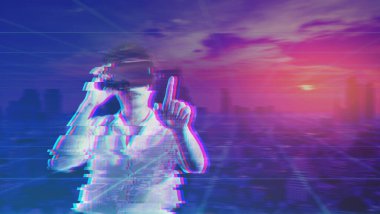 Sanal gerçeklik kulaklığı deneyimi olan genç bir Asyalı ya da siyah arka planda parmağıyla işaret eden 3D gözlükler. Koyu tonlu. teknoloji, oyun, eğlence konsepti