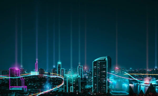 Smart city with speed line glowing light trail surround the city. big data connection technology concept