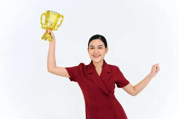 Portrait Winning Businesswoman Celebrating Trophy Award Success Business Isolated White — Stock Photo, Image