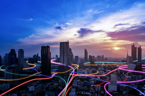 Smart City Speed Line Glowing Light Trail Surround City Big — Stock Photo, Image