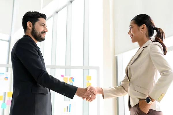 Business Partners Shaking Hands Concluding Business Finished Businessman Businesswoman Handshake — Stock Photo, Image