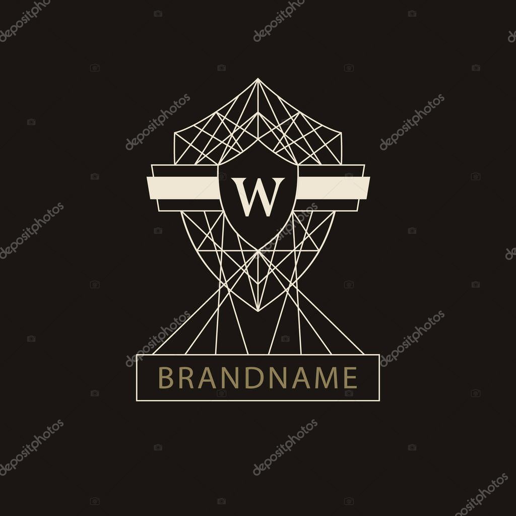 Linear Monogram. Geometric Coat of Arms. Letter W. Elegant logo. Calligraphic Luxury emblem. Graphics Style. for Book Design, Invitation, Brand Name, Security, Boutique, Hotel. Vector illustration