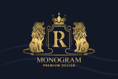 Kükreyen Aslanlı Altın Arma. Crown 'lu R harfi sanat tasarımı. Kraliyet Karakteri ile yaratıcı logo. Klasik Amblem. İki Vahşi Hayvan. Lüks stil. Marka için iyi. Vektör İllüstrasyonu
