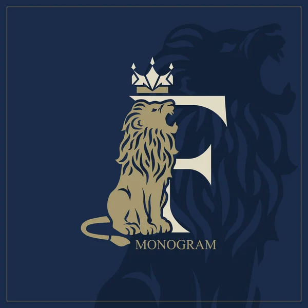 F字はRoaring Lion 芸術デザイン 王冠は上にある ロイヤルキャラクターとクリエイティブロゴ ラグジュアリースタイル 背景には野生の獣のシルエット 動物のエンブレム ベクターイラスト — ストックベクタ