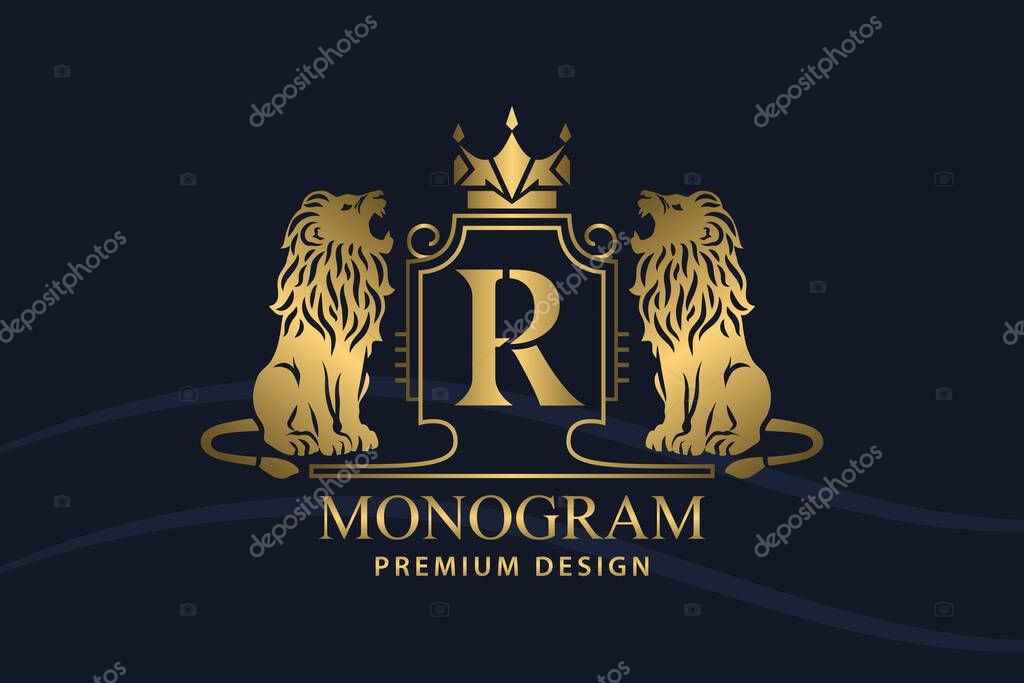 Golden Coat of Arms with Roaring Lions. Letter R. Art Design with Crown. Creative Logo with Royal Character. Vintage Emblem. Two Wild Animals. Luxury Style. Good for Brand Name. Vector Illustration