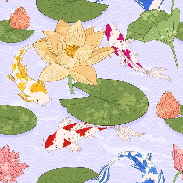 Wektorowy azjatycki bezszwowy wzór z karpami i geometrycznym wzorem. Japoński wzór z motywami, bezproblemowa ilustracja jeziora z lotosami i kolorowych ryb koi. Japoński rybi odcisk. — Wektor stockowy