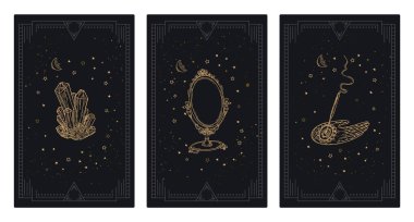 Sihirli tarot kartları seti. Sihir veya ortaklık kartlarının arkaplanı, vektör illüstrasyon kümesi.