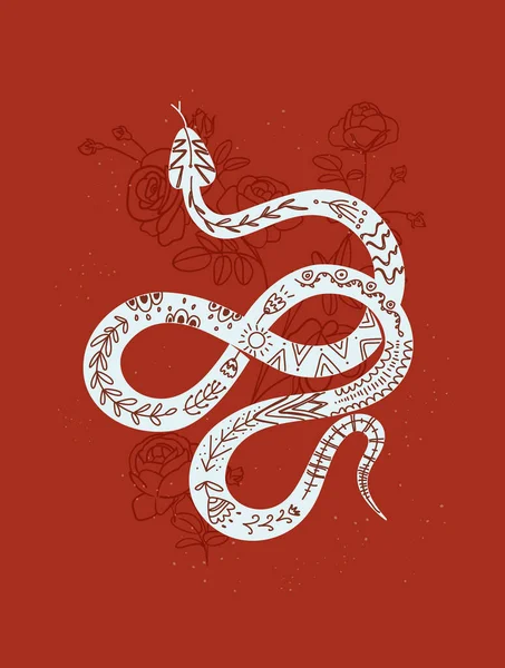 Gül desenli mistik baskı yılanı, modaya uygun doğrusal ve siluet minimumda vektör çizimi. Vektör iç posterleri. — Stok Vektör