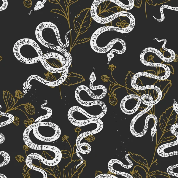 Vektorový mystický vzor se symboly hadů v černé barvě. Esoterický hladký květinový vzor s hadem. — Stockový vektor