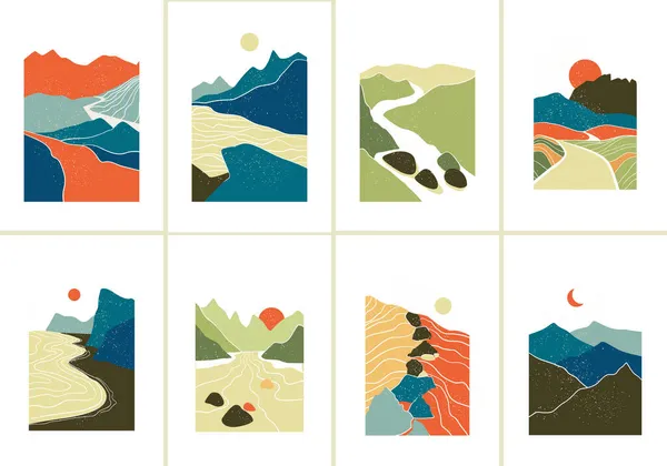 Paesaggio sfondo con montagna, vista sul fiume. Montagne illustrazione in stile astratto taglio carta. — Vettoriale Stock