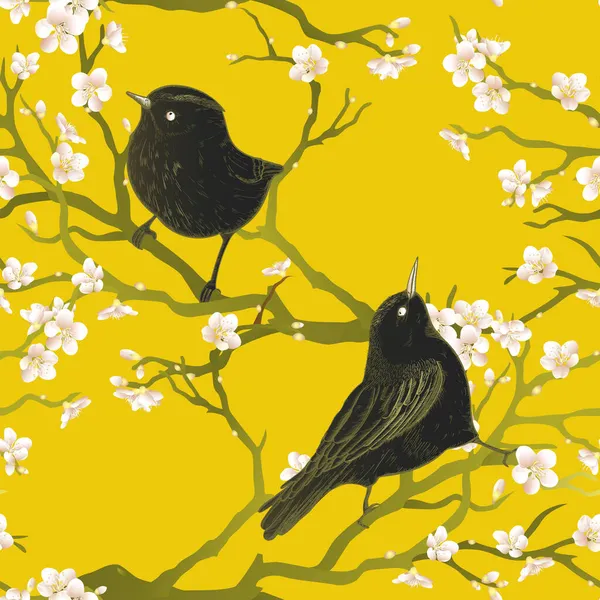 Zlatý jasně žlutý orientální bezešvý vzor s vinobraním ptáků a sakura větví stromů. — Stockový vektor