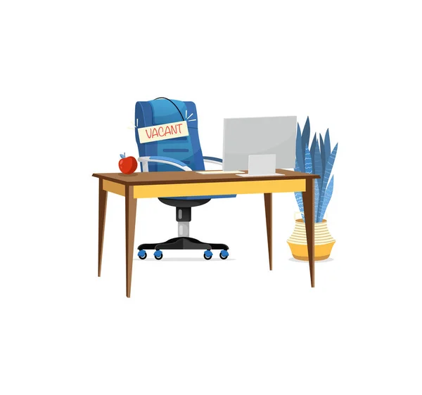 Kantoor blauwe stoel met bord leeg en tafel met computer. Bedrijfsillustratie voor werving en indienstneming. — Stockvector