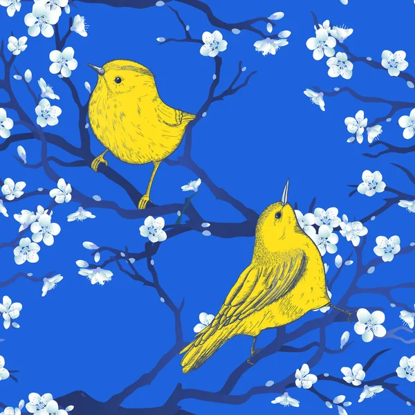 Jasně modrý orientální bezešvé vzor s vinobraní ptáků a sakura větví stromů. — Stockový vektor