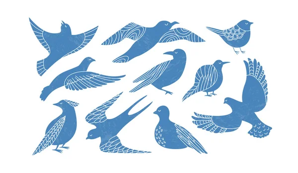 Set verschiedener fliegender Vögel im Stil des Minimalismus. Einfache Symbolsammlung naiver Vögel, Poster oder Logoelemente. — Stockvektor