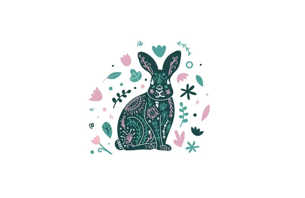 Emblema florală a iepuraşului. Drăguț iepure scandi, ilustrație iepuraș de Paște. Imprimare funky vector cu iepuraș în stil minimal simplu Ilustrație de stoc