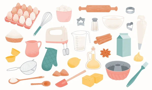 Bakkerij ingrediënten iconen: bakmeel, eieren, boter, room, suiker en melk. Bereiden, koken, banketbakkerswerk en keukengerei — Stockvector