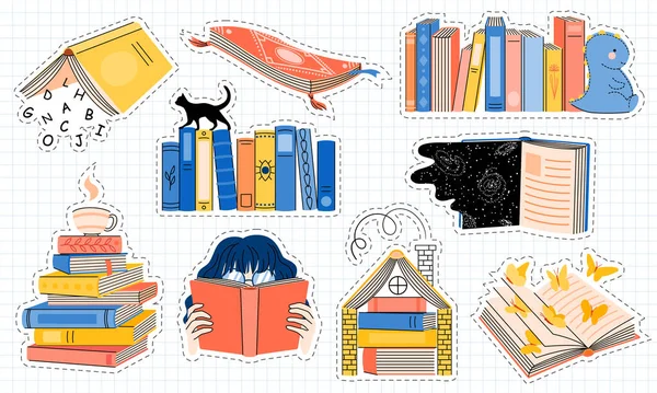 Livros e leitura, ícones vetoriais em estilo doodle. Conceitos gráficos sobre leitura, passatempo favorito, fantasia, ficção, contos de fadas. Adesivos isolados Vetores De Stock Royalty-Free