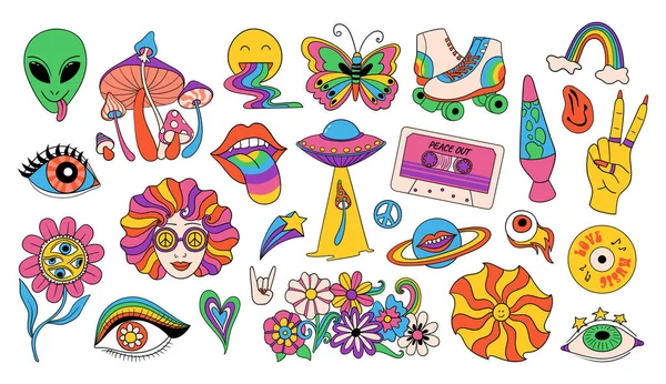 Icoane retro în stil 70. Elemente grafice funky psihedelice de ciuperci, flori, curcubeu, muzică, ufo, role. Simboluri izolate, amprente ale subculturii hippie din anii 60. Vector de stoc