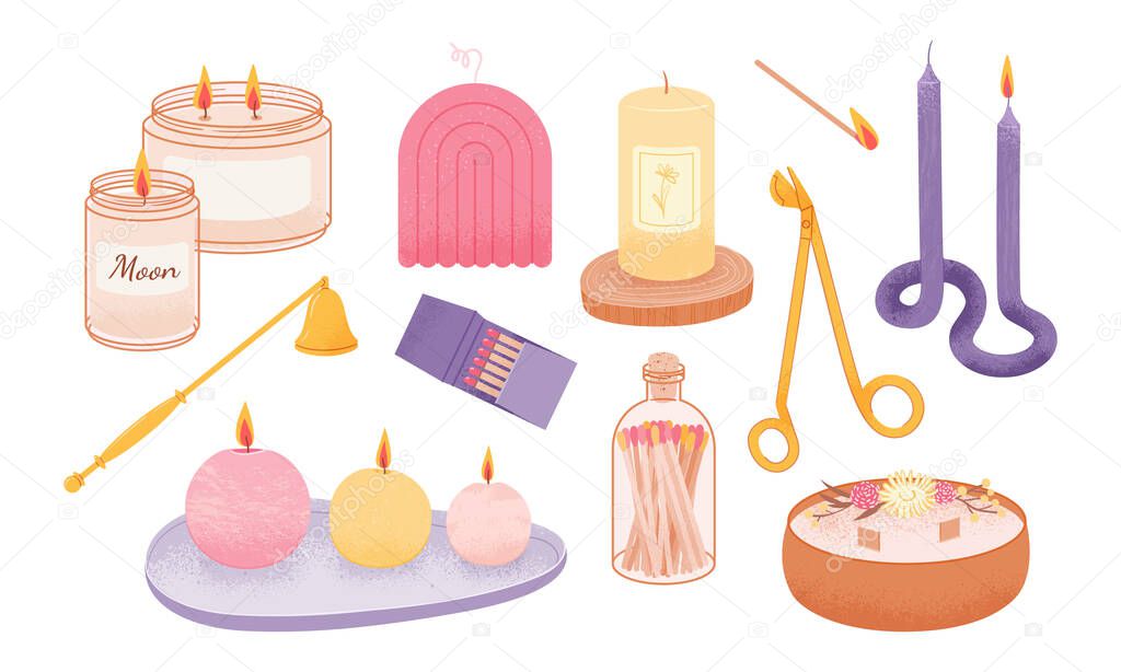 Vector various candles in hand drawn style, different shapes and colors. Decorative wax candles for home interior, relax and spa. Matches, candle snuffer, jar candle - Hygge home decoration icons set