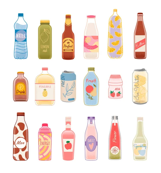 Набор Холодных Напитков Яркими Этикетками Дизайном Упаковки — стоковый вектор