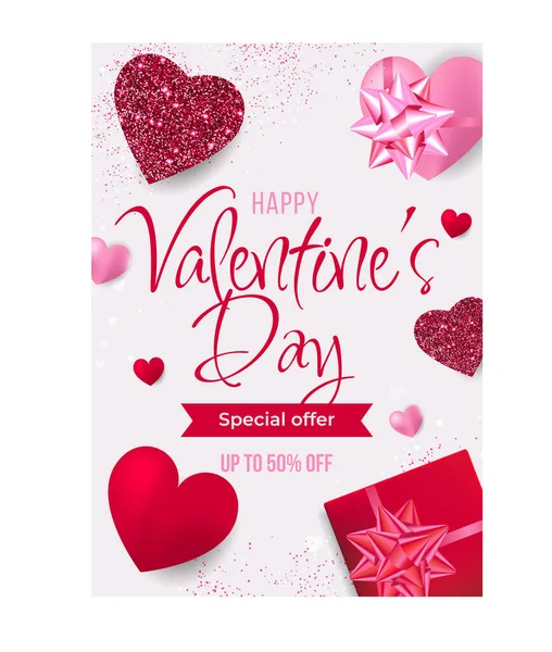 Valentine s Day Poster or banner with hearts on red background. — стоковый вектор