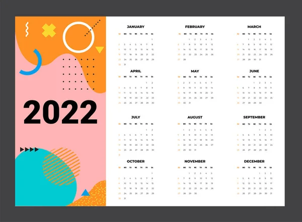 Kalender 2022 mall vektor, Set Desk kalender 2022, vägg kalender design, Planner, Vecka börjar på söndag, vertikal layout, — Stock vektor