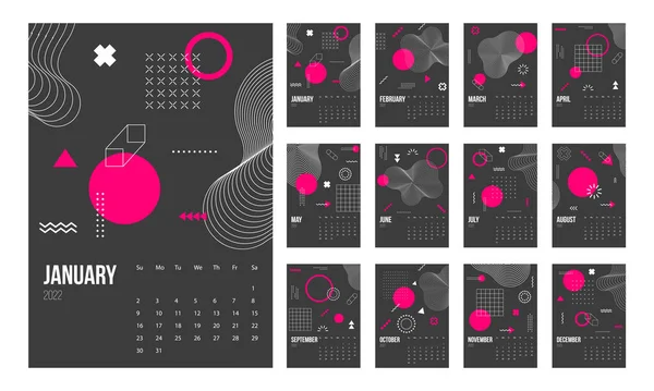 Kalender 2022 mall vektor, Set Desk kalender 2022, vägg kalender design, Planner, Vecka börjar på söndag, vertikal layout, — Stock vektor