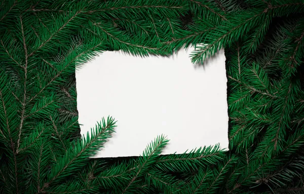Творческий состав с зелеными еловыми ветвями и белой карточкой. Рождественский фон в стиле ретро. Новогодняя и рождественская открытка. Концепция нового года в природе. Копирование пространства. — стоковое фото