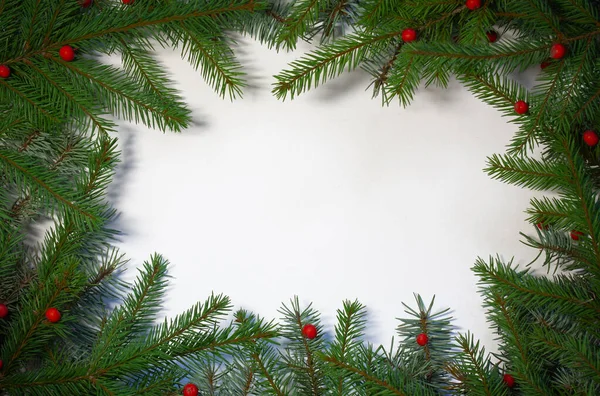 Composición creativa con ramas de abeto verde sobre un fondo blanco. Fondo de Navidad en estilo retro. — Foto de Stock