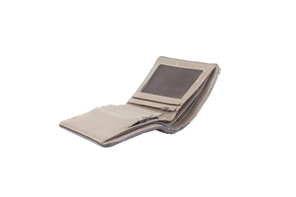 Stary, brązowy, pusty portfel odizolowany na białym tle — Zdjęcie stockowe