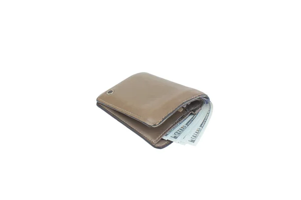 Old closed wallet with money isolated on a white background. — Stock Photo, Image