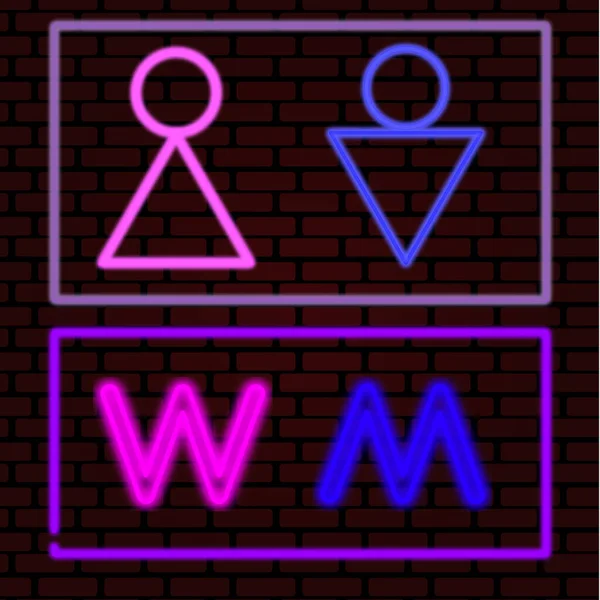 Neon oznacza M i W. Symbole męskie i żeńskie. Symbole toalety — Wektor stockowy