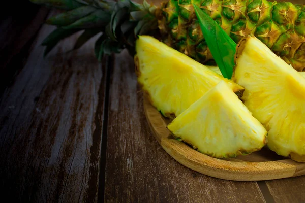 Fresh Sliced Pineapple Close Wooden Background Copy Space — Stock Fotó