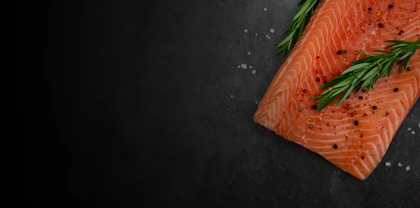 Fresh Salmon Rosemary Spices Black Background Copy Space Fresh Fish —  Fotos de Stock