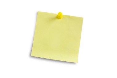 Yellow note paper with red pin isolated on white background. Place for text.